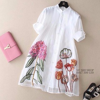 Đầm bầu suông 2 lớp in hoa sen cho bầu dưới 60kg
