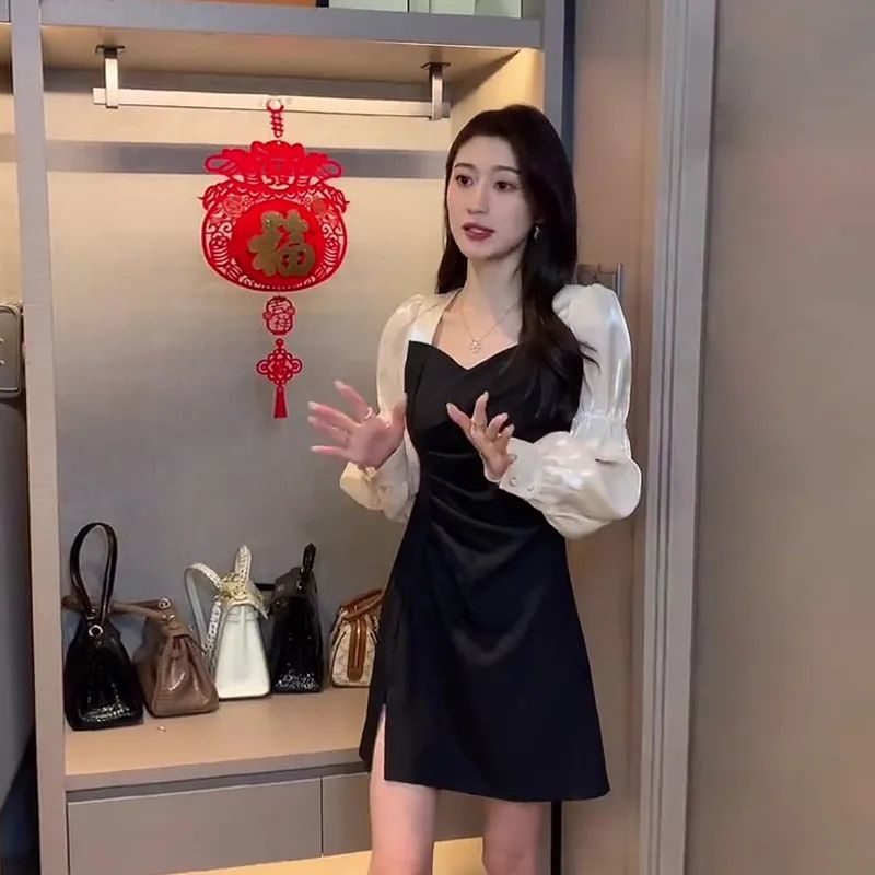 Đầm tay phồng cổ vuông ôm eo size lớn phong cách retro Pháp mới cho nữ