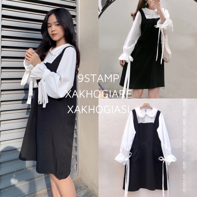 (CLIP THẬT) Đầm babydoll đen dáng suông A phối tay trắng MODE