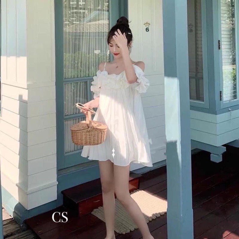 Váy 2 dây viền bèo dáng xòe xếp ly Đầm nữ trắng 2s đi chơi đi tiệc sexy babydoll cute tiểu thư bánh bèo công chúa