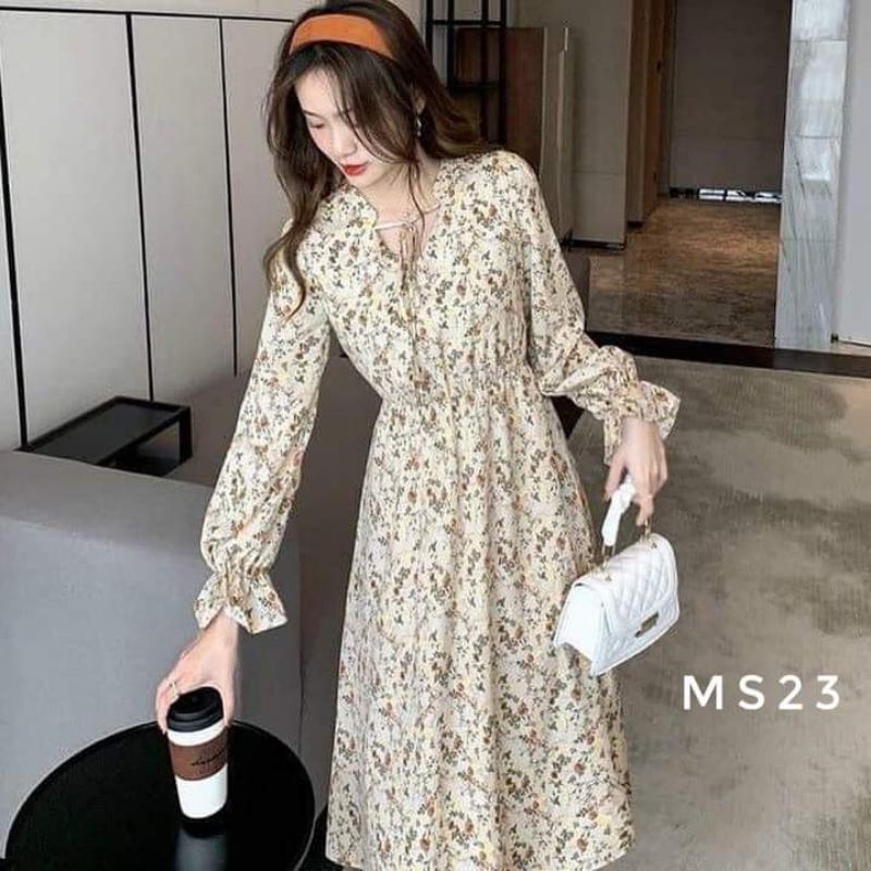 Váy hoa nhí chun eo cổ tàu