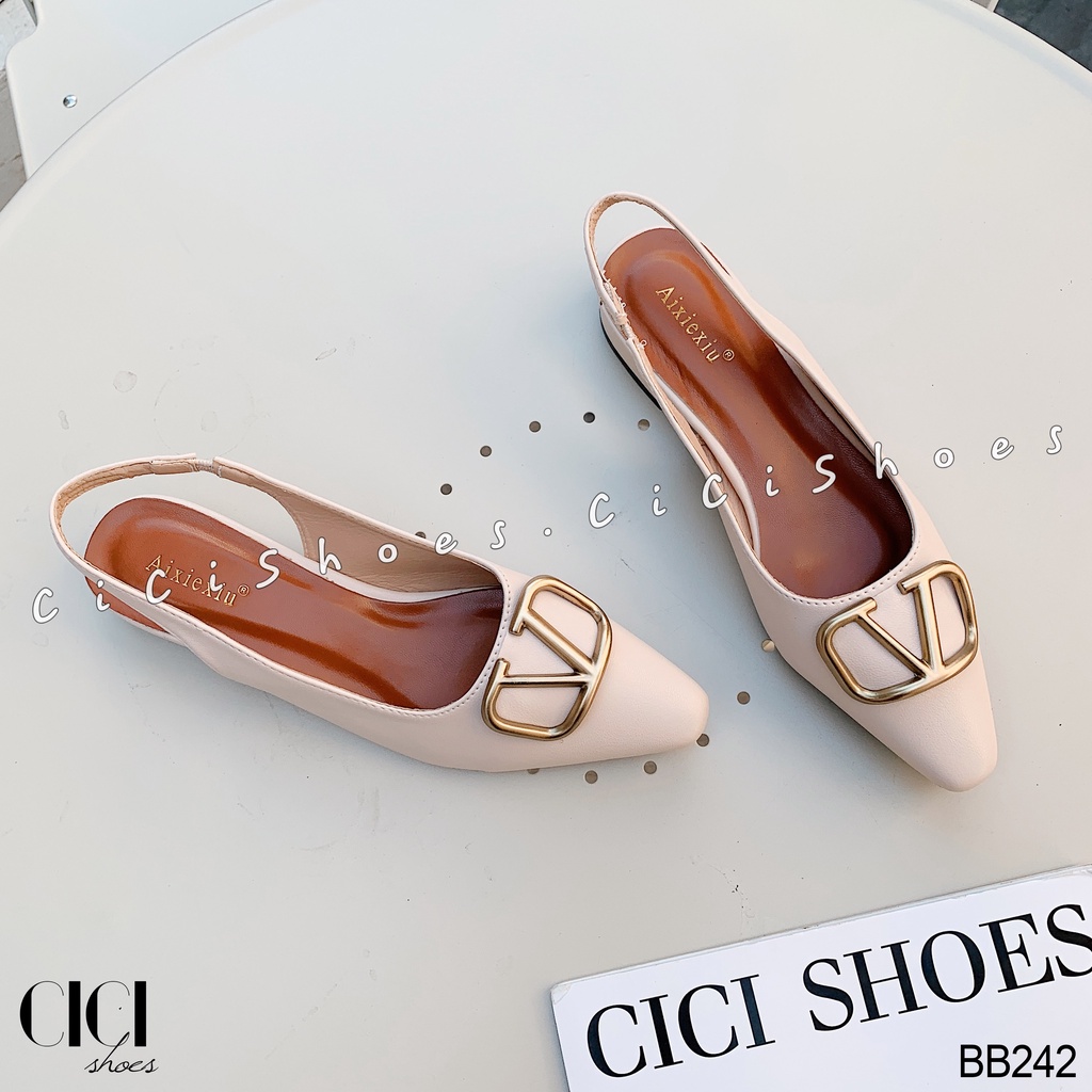 Giày búp bê nữ CiCi Shoes gót hở, giầy da lì khoá V đồng slingback 1cm - BB242