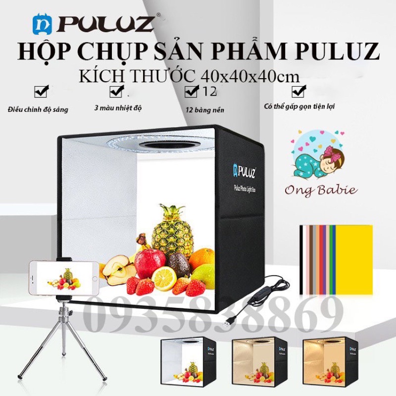 HỘP CHỤP SẢN PHẨM PULUZ 40x40x40 CHÍNH HÃNG 2 DÀN LED SIÊU SÁNG GẤP GỌN TIỆN LỢI Ongbabie.shop