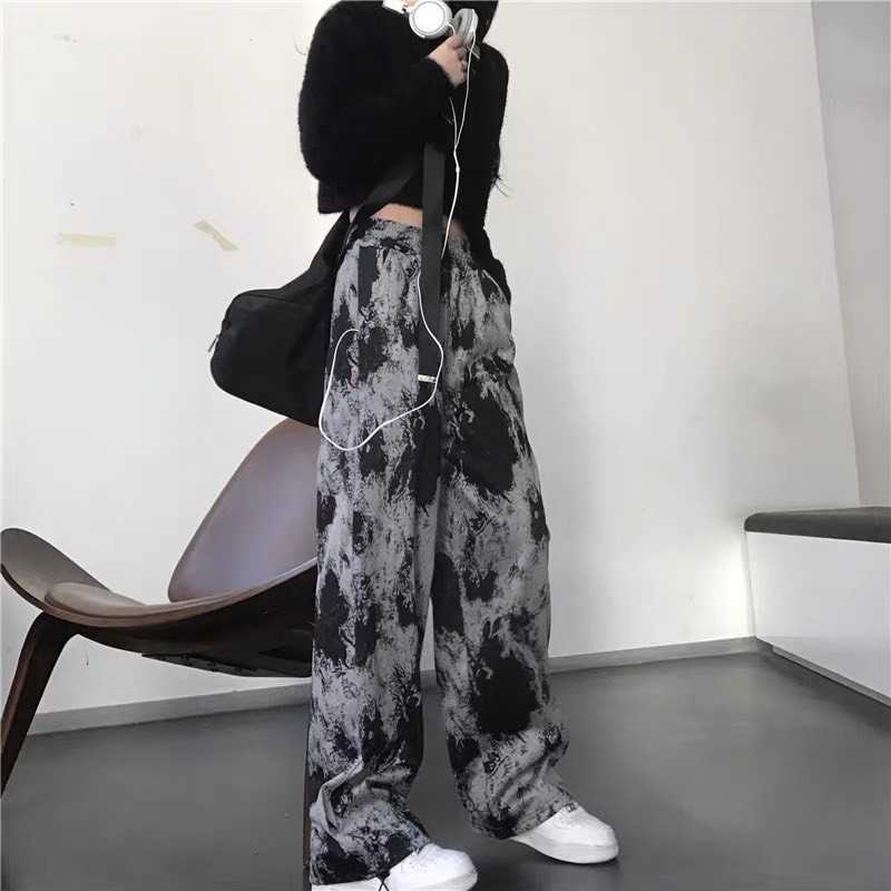 Quần loang xám, xanh KA Closet chất thể thao dầy mịn không xù, loang 5d không nhòe, from ống rộng unisex nam nữ mặc được