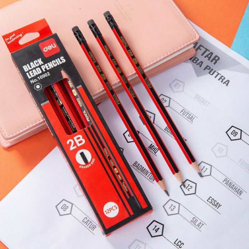 Bút chì gỗ Deli mã 10902/Thân bút kẻ sọc đỏ đen