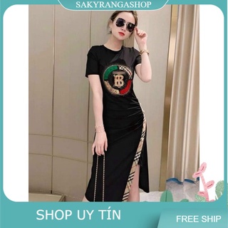 Hàng nhập - đầm thun ht chữ b đính đá tà xẻ viền