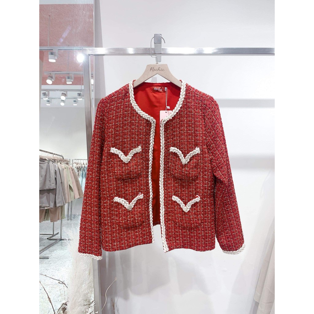 RECHIC Áo jackets vải tweed cổ tròn viền trắng Akina màu đỏ sang trọng cá tính thời thượng