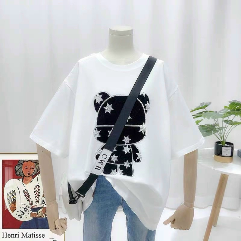 Áo phông cotton phom thụng tay lỡ hình người máy đen Áo thun nữ dáng rộng