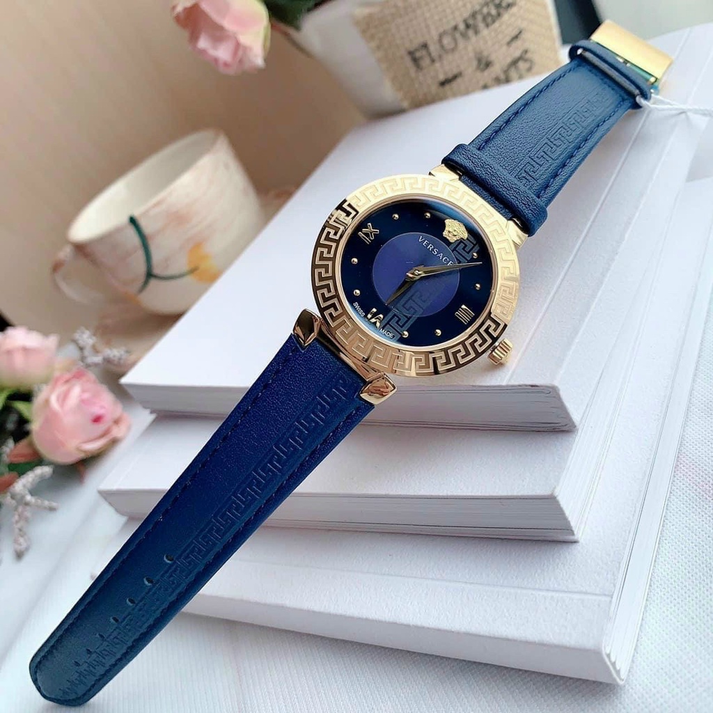 Đồng hồ đeo tay nữ, đồng hồ nữ chính hãng VERSACE full hộp cao cấp, siêu sang trọng, dây da xanh thời trang, cực đẹp