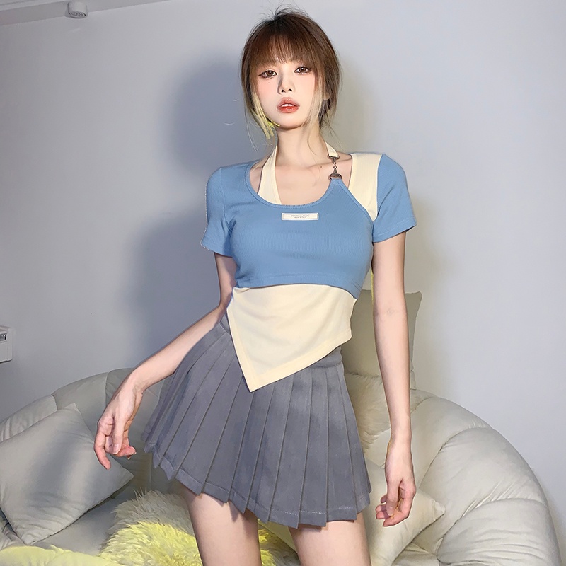 Áo thun crop top Kliou tay ngắn cổ yếm lệch màu trơn thời trang mùa hè dành cho nữ 2022