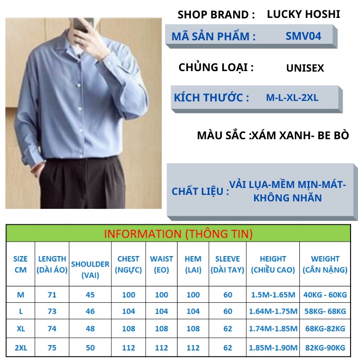 Áo sơ mi form rộng cổ vest unisex big size tay dài vải lụa mềm mịn mát SMV04 | BigBuy360 - bigbuy360.vn