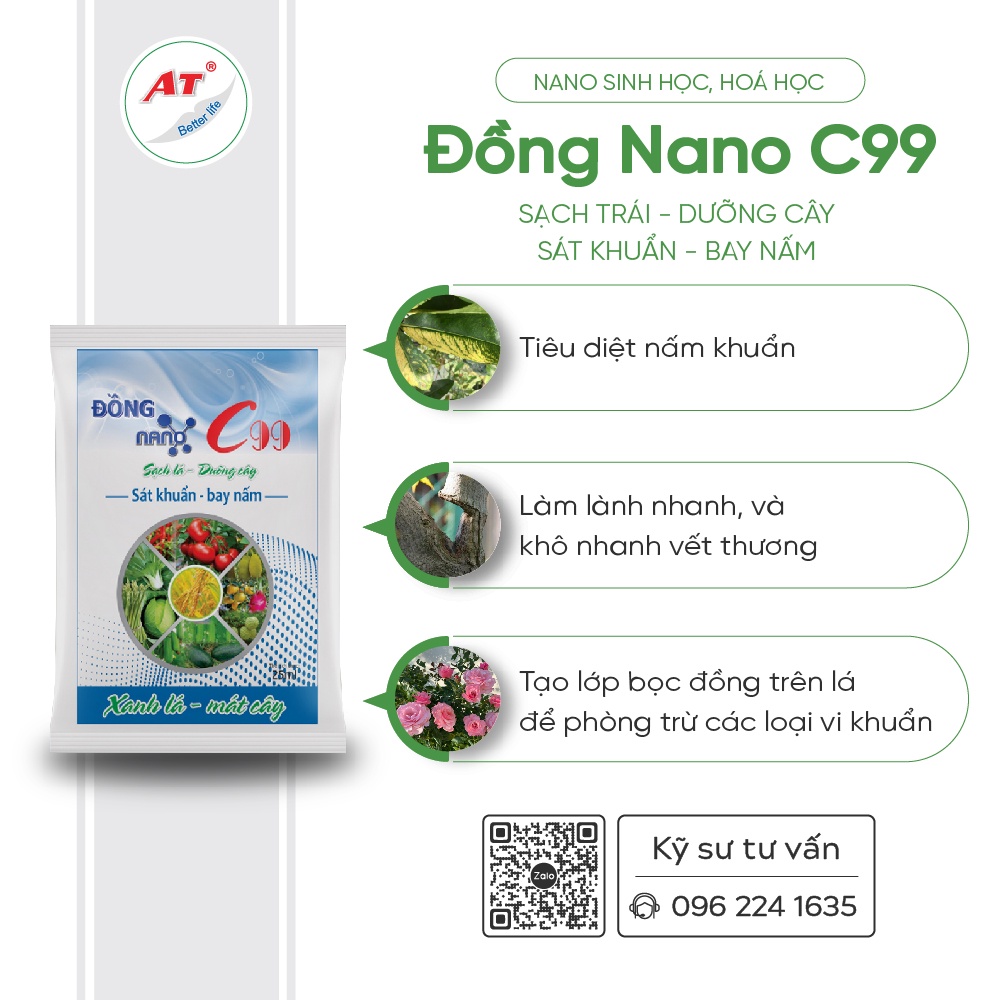 Nano Đồng AT C99 sát khuẩn diệt nấm bệnh, chống héo xanh vi khuẩn trên cây rau màu, cây hoa hồng, hoa lan, cây trong nhà