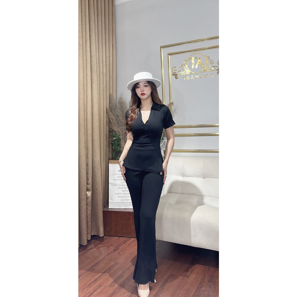 Set bộ thun gân xẻ tà cổ sơ mi S325