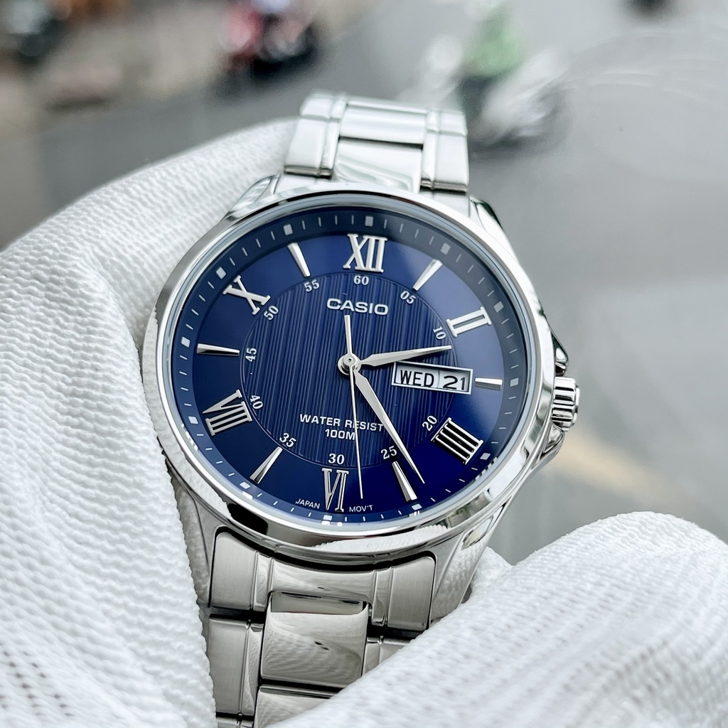 Đồng hồ Nam Casio MTP-1384D-2AV, đồng hồ chính hãng, dây bạc mặt xanh