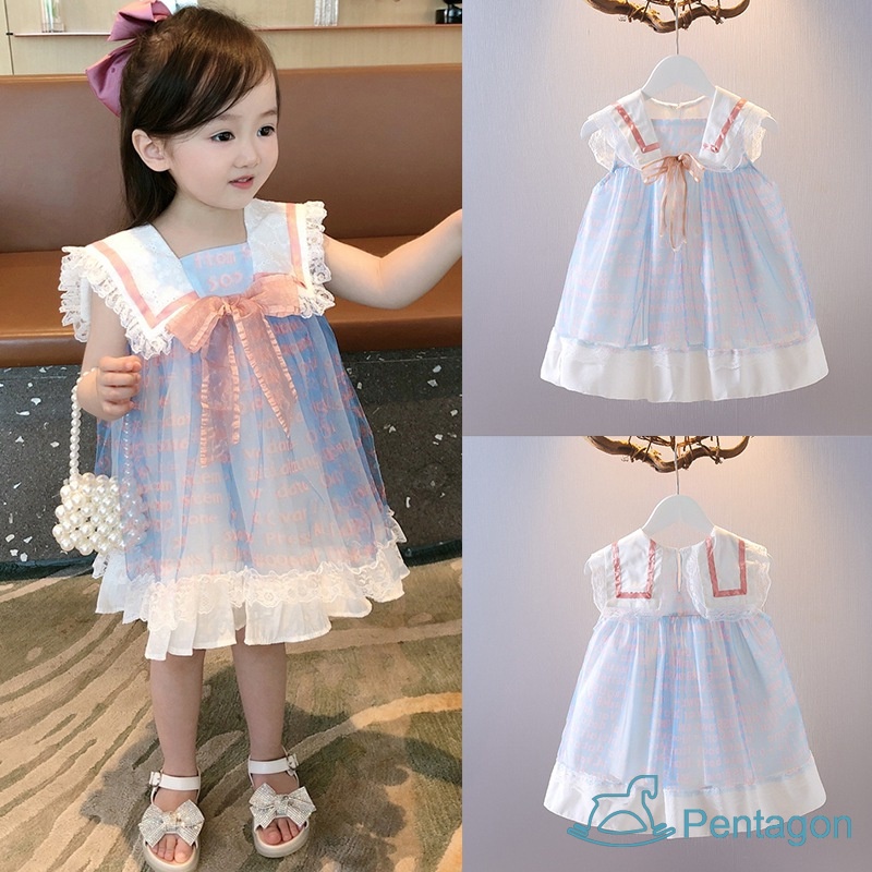 Đầm Công Chúa Tay Phồng Cổ Bẻ Phối Ren Đính Nơ Phong Cách Hàn Quốc Thời Trang Mùa Hè Cho Bé Gái