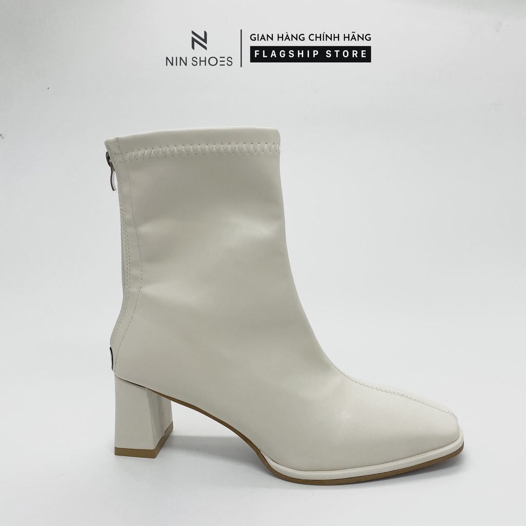 Giày boot nữ 7p gót vuông kéo khoa sau da si trơn Ninshoes | BigBuy360 - bigbuy360.vn