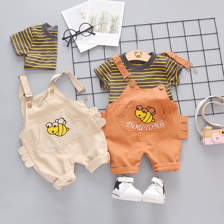 ☁Set Áo Thun Ngắn Tay Sọc Ngang + Quần Yếm In Hình Con Ong Dễ Thương Cho Bé 0-6 Tuổi