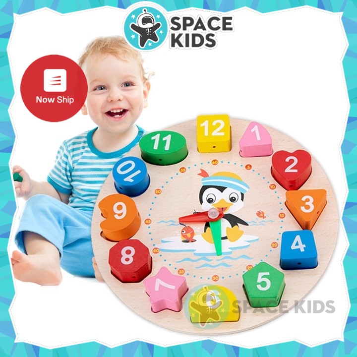 Đồ chơi trẻ em Đồng hồ gỗ thông minh Space Kids cho bé học số, hình khối, màu sắc và học xem giờ