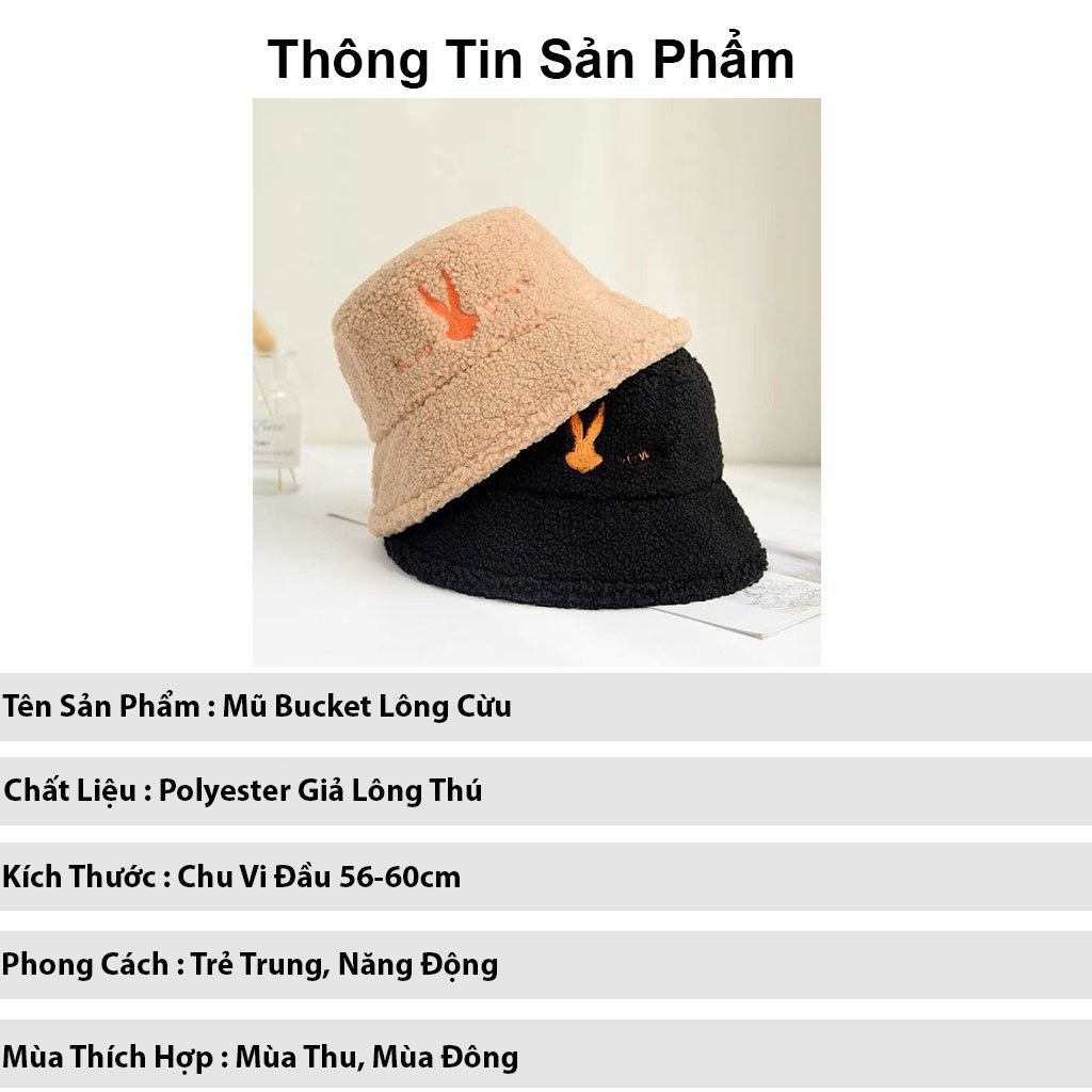 Mũ bucket thời trang KOMI nón tai bèo lông cừu vành rộng unisex thu đông hàn quốc