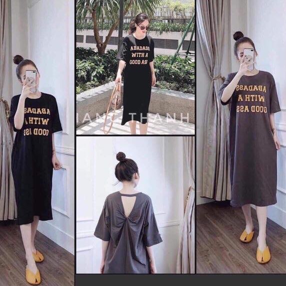 [ Mã FAMAYWA2 giảm 10K đơn 50K] Đầm suông nữ cotton mịn mát form rộng - Váy xuông nữ xoắn lưng họa tiết chữ - CM Shop