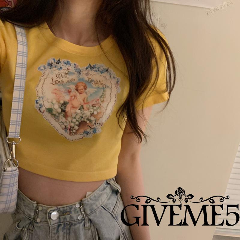 Áo Thun Lửng Tay Ngắn Cổ Tròn In Hình Thiên Thần Thời Trang Cho Nữ