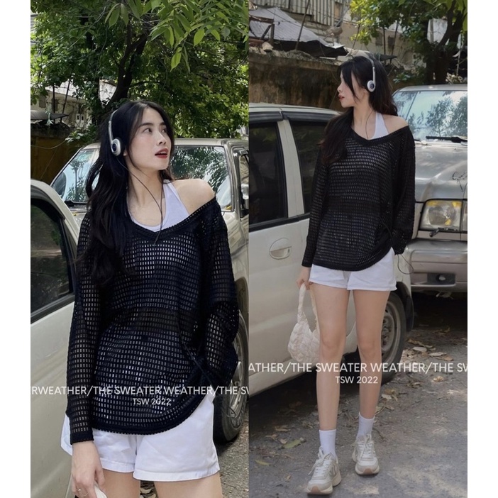 Set áo lưới nữ ulzzang dài tay form rộng cổ V kèm áo yếm cotton Hàn Quốc hàng loại 1 Maitrangshop92