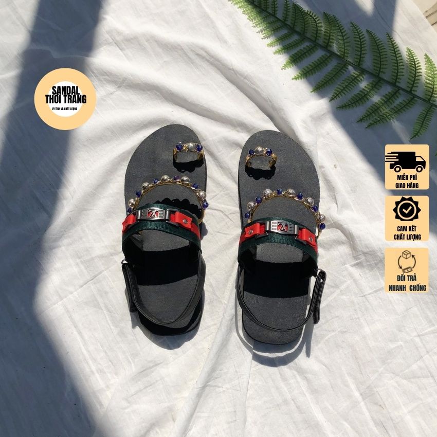 Dép sandal nữ xỏ ngón đính đá 2 màu Trắng/Đen full size 30-44 nam nữ SANDALTHOITRANG