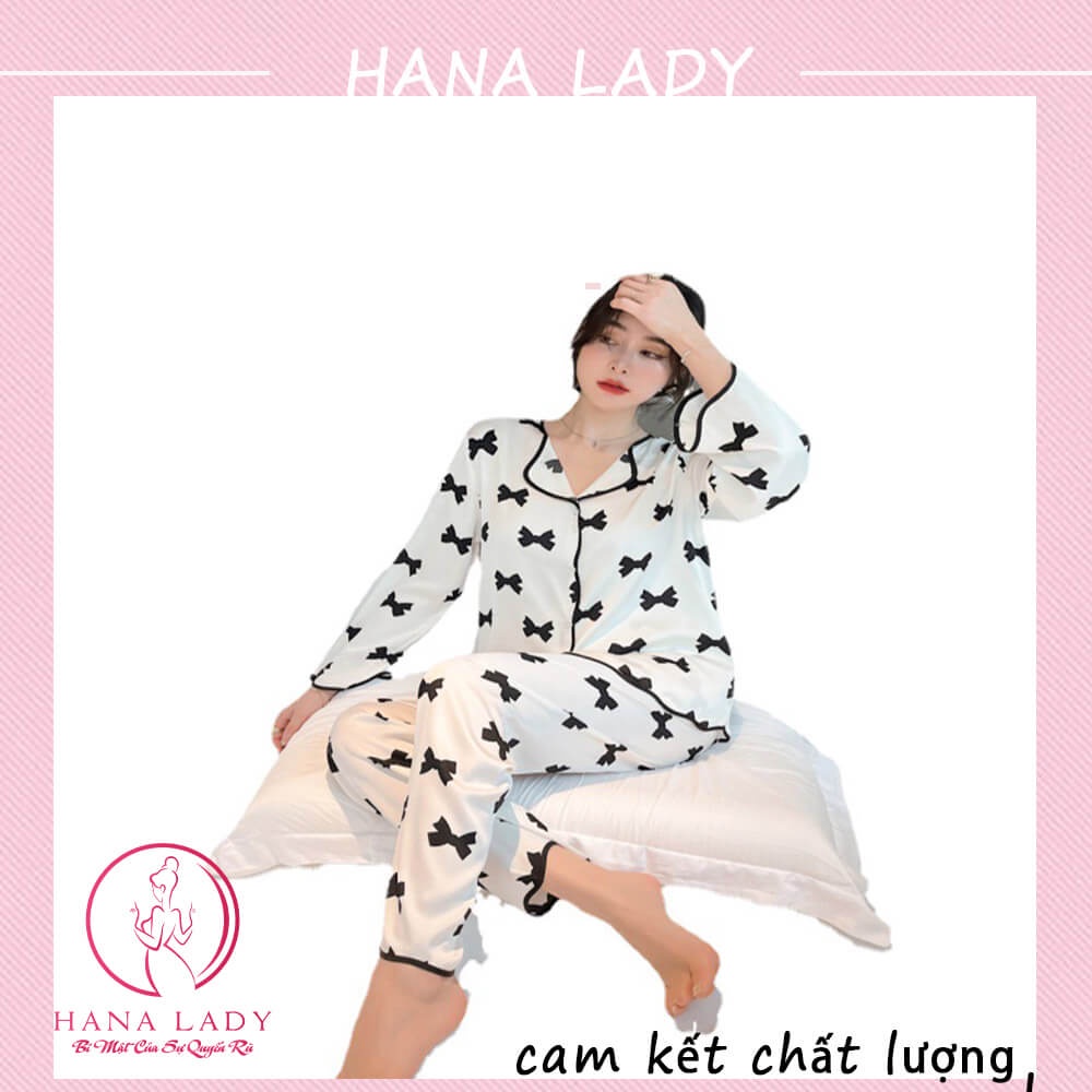 Đồ ngủ nữ - Bộ ngủ lụa pijama dài tay mặc nhà họa tiết nơ cao cấp Hana Lady PJ504