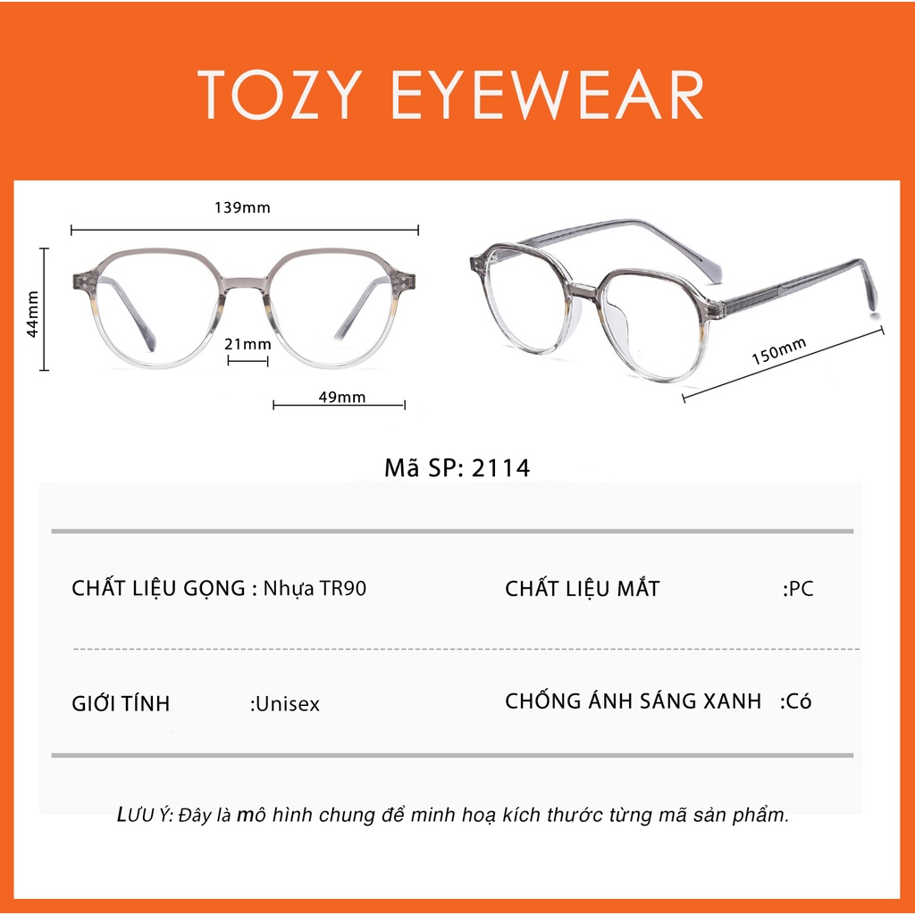 Gọng kính cận thời trang chính hãng TOZY dáng Clubmaster tròn unisex nam nữ - 2114