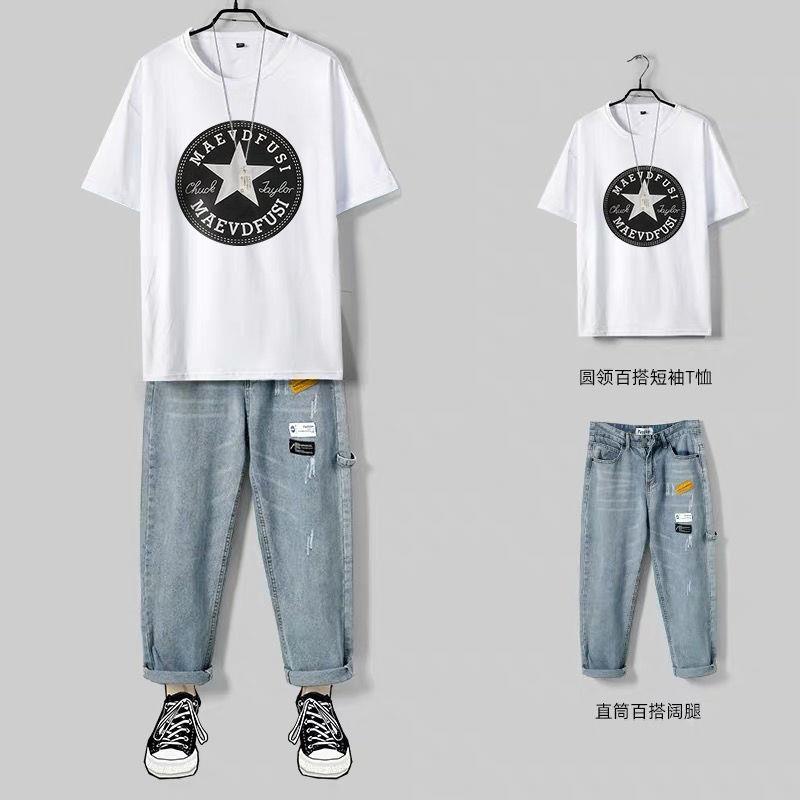 Set Áo Thun Ngắn Tay Cổ Tròn + Quần Jeans Lửng Thời Trang Cho Nam