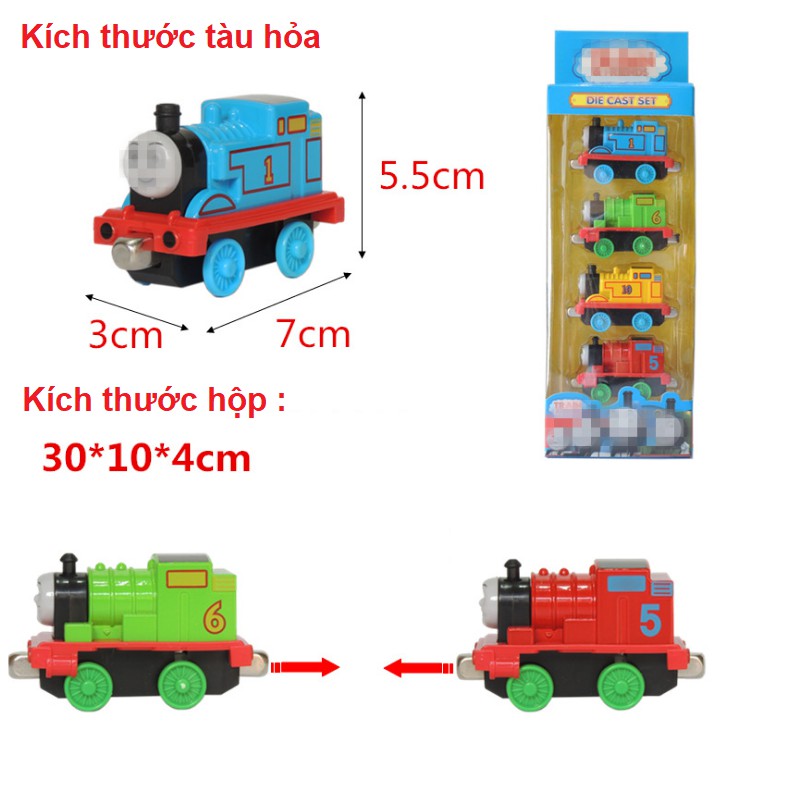 Bộ xe tàu hỏa Thomas and Friend 4 chiếc bằng hợp kim nhựa có thể nối với nhau thành 1 đoàn bằng nam châm hút