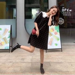 đầm cổ sen chấm bi kèm đai