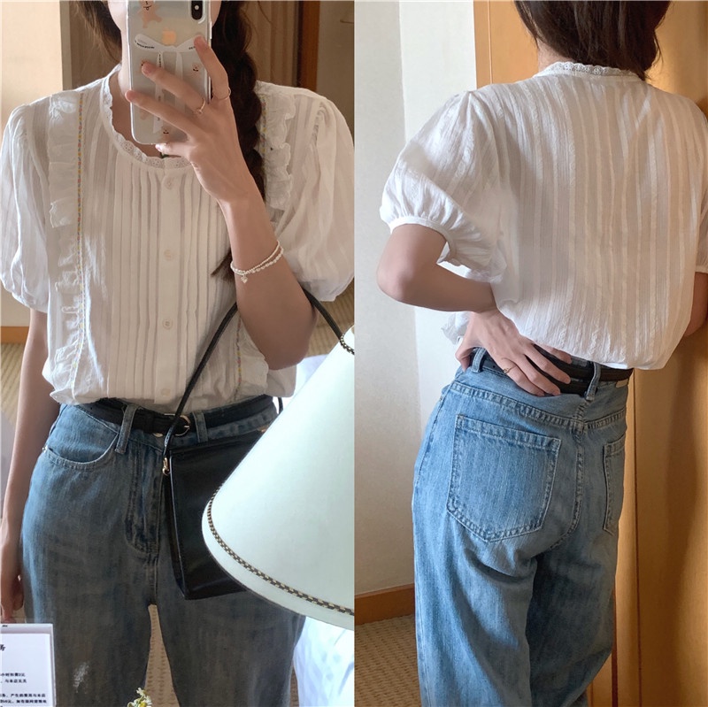 Áo Sơ Mi Nữ Tay Ngắn Thêu Ren Phong Cách Hàn Quốc Thời Trang Mới 52111