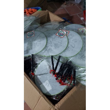 Combo 10 tranh quạt vải cán gỗ kèm màu