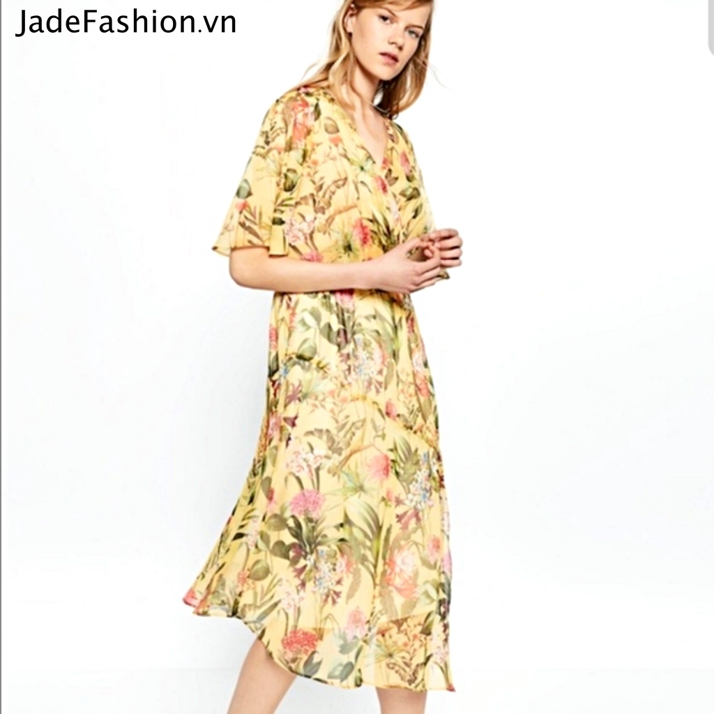 Đầm maxi voan cổ v in hoa màu vàng Floral Yellow Chiffon Midi jf445