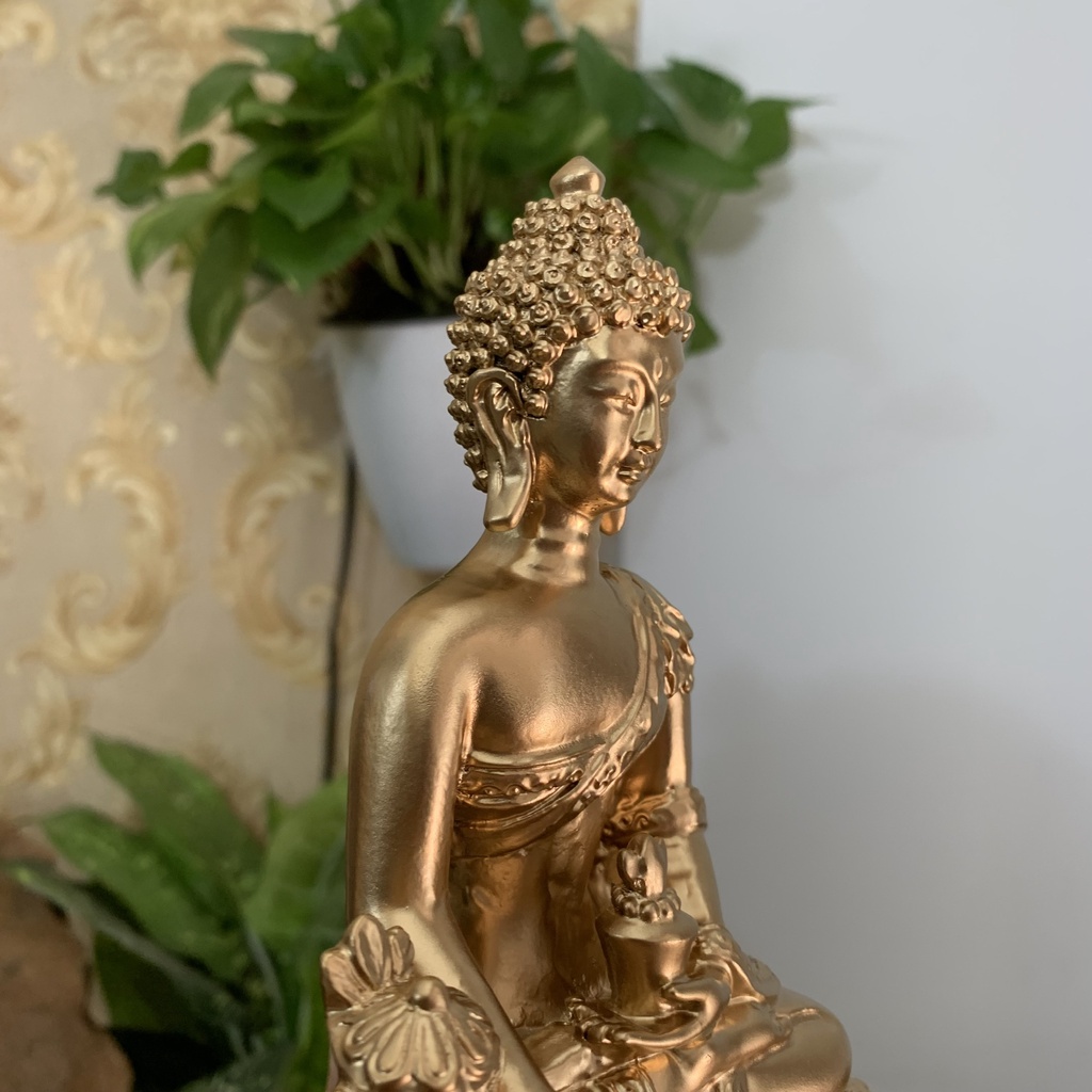 Tượng đá Phật Dược Sư Lưu Ly Quang ngồi trên đài sen trang trí phòng thờ- Chiều cao 16cm - Màu nhũ đồng