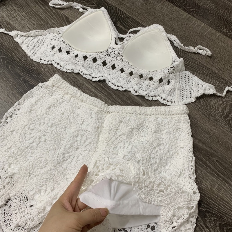 Ren 17-Set bộ bikini ren đi biển 3 món bra-áo lưới ngoài-quần sóc