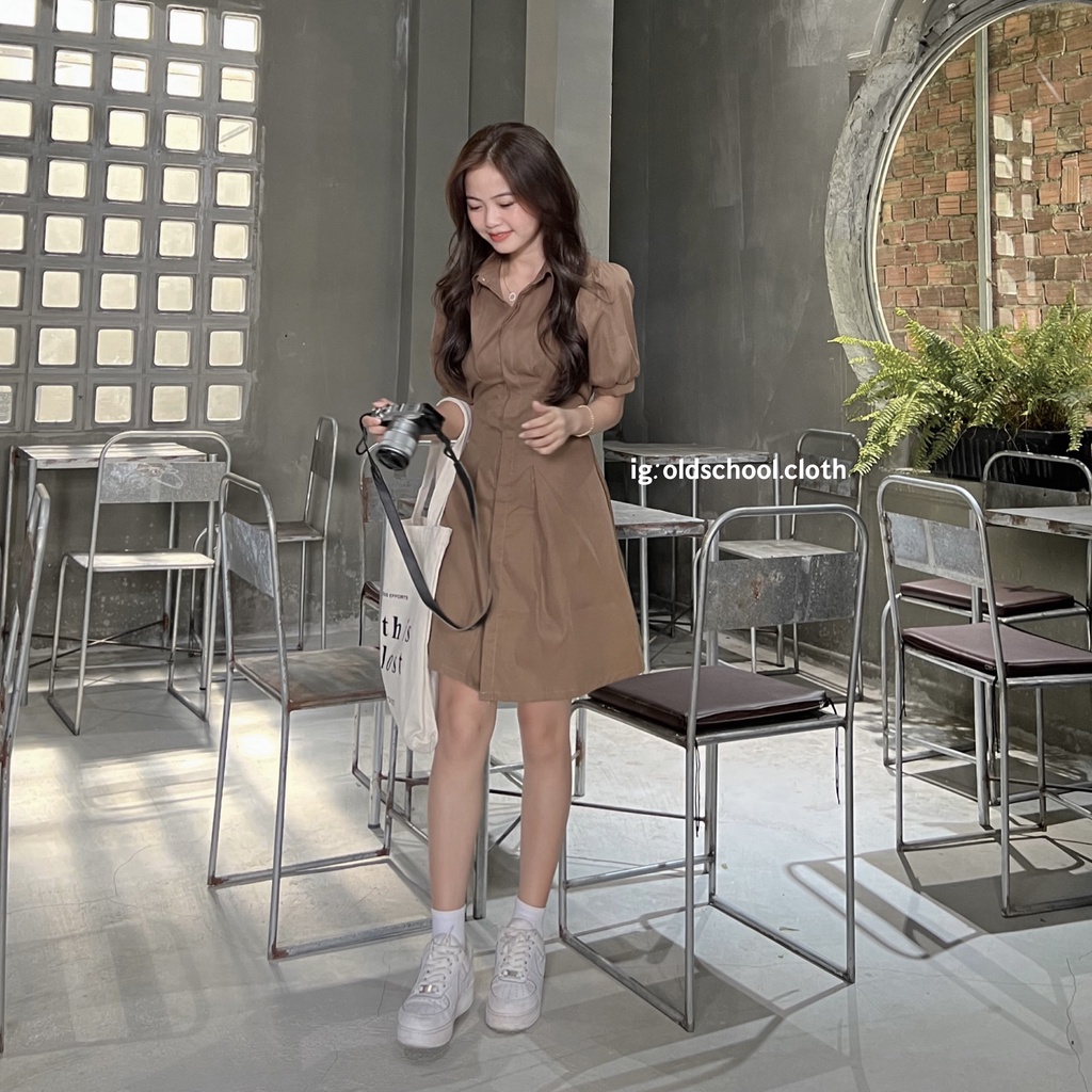 Váy kaki 2 da tay phồng cổ sơ mi (ảnh thật)