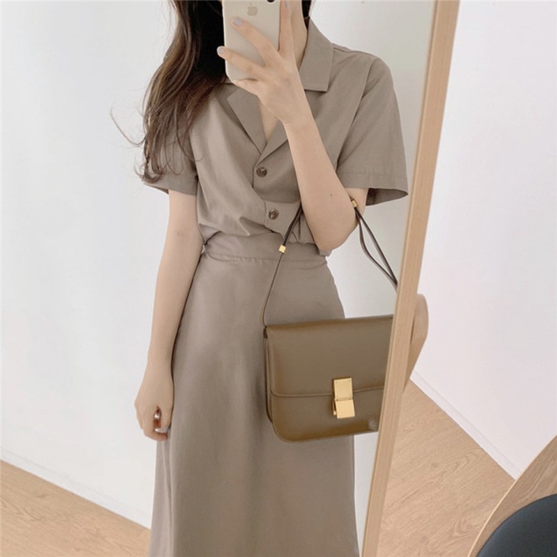 Áo sơ mi cổ Vest Phong cách Hàn Quốc + Chân váy Midi dài Lưng cao Ulzzang Thời trang Kiểu dáng Pháp