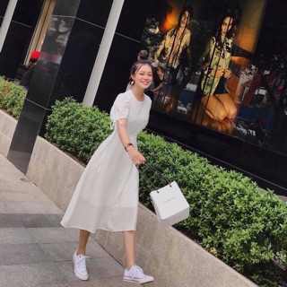 Đầm cam tay nơ (kèm hình thật)