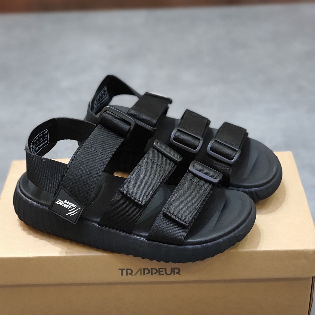 Sandal Saado chính hãng 3 quai Beast BE03 màu full đen Black Wolf nam nữ, Dép quai hậu đế yezi cao 3cm quai ngang