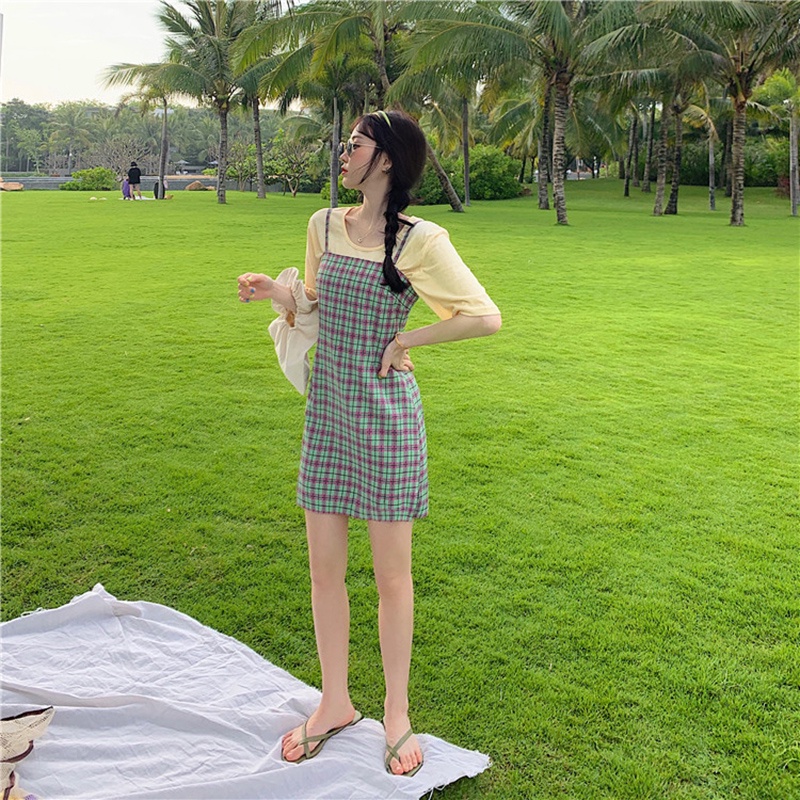 IELGY Đầm Hai Dây Không Tay Eo Cao In Họa Tiết Caro Phong Cách Hàn Quốc Cổ Điển