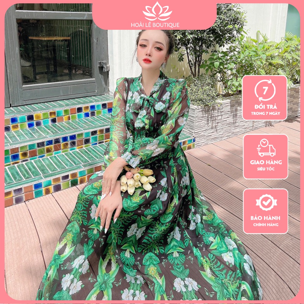 Váy maxi hoa thắt nơ tay bồng xoè vải voan mềm mịn tự tin dạo biển