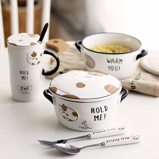 Tô và cốc hình mèo phong cách Hàn Quốc - tặng kèm miếng lót gỗ hình mèo xinh xắn