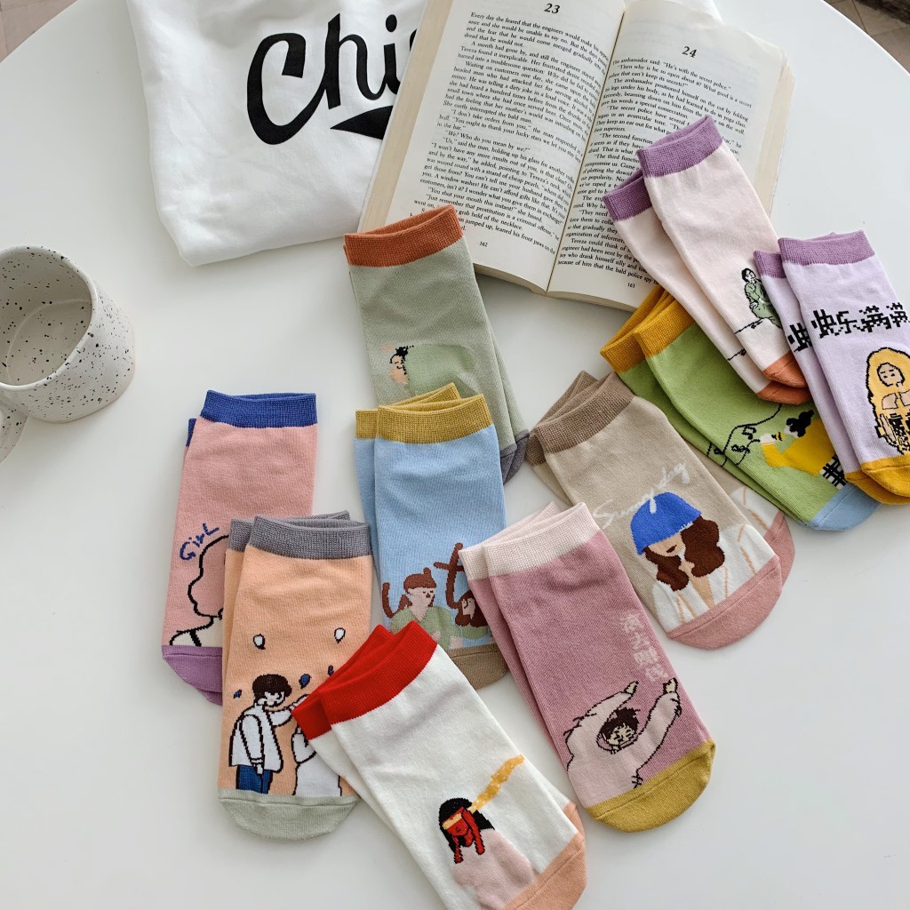 Vớ tất cổ ngắn art Cool Girl màu pastel