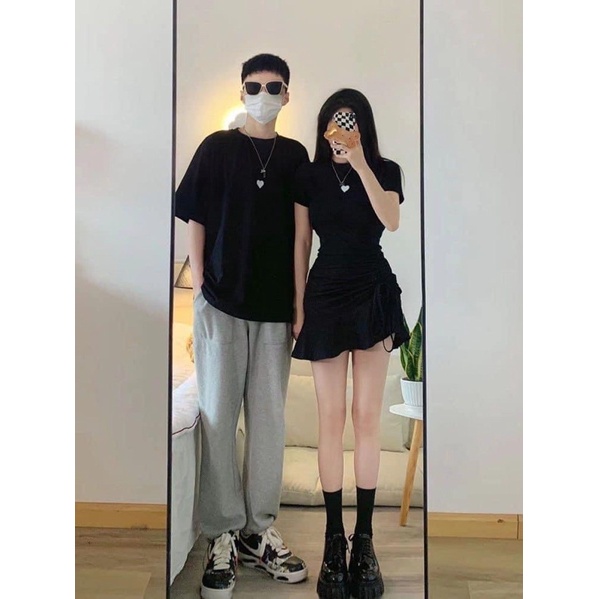 Váy thun đôi nam nữ cổ tròn rút thun eo dễ thương 4 màu