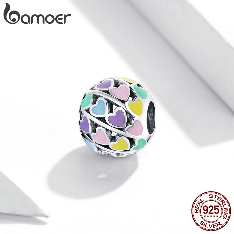 Hạt Trang Sức Bamoer SCC1758 Bằng Bạc S925 Hình Cầu Họa Tiết Nhiều Trái Tim Màu Sắc Cầu Vồng Dùng Làm Vòng Đeo Tay DIY