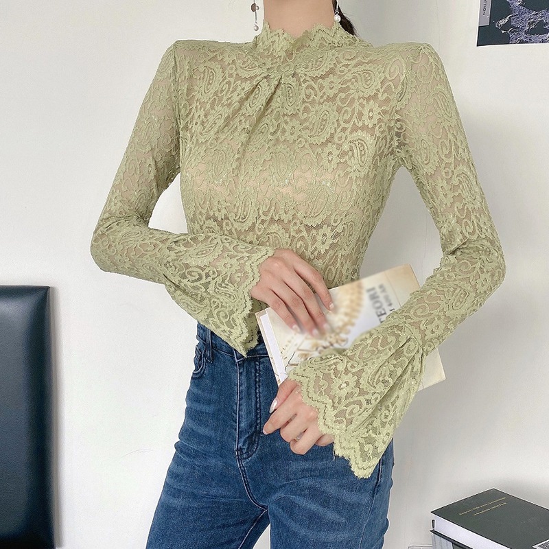 Áo thun cổ lọ tay loe phối ren dáng ôm thời trang mùa thu cho nữ