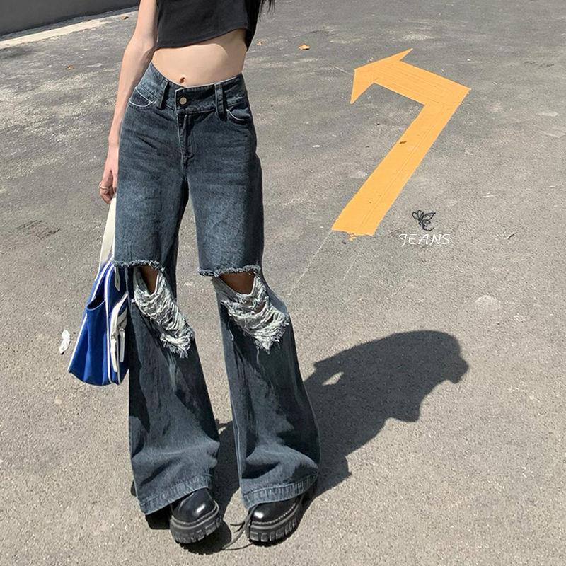 Quần jean ống rộng cạp cao rách gối thời trang hè 2022 cho nữ