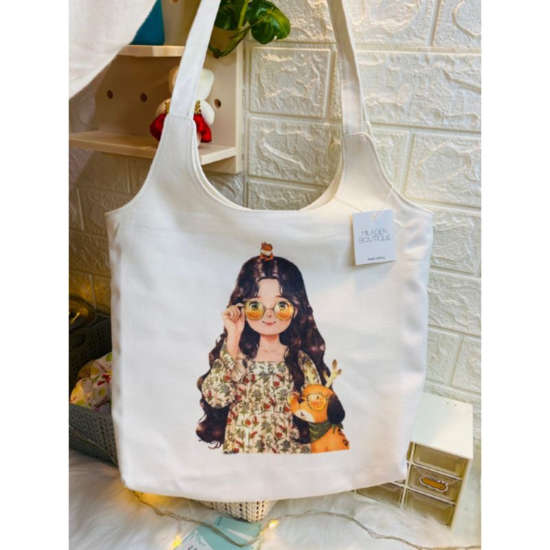 Túi Tote Vải Canvas Girl Ôm Gấu, Fullbox, Vải Dày, Có Lớp Lót Trong, Vải Dày, Có Khóa KéoMiladen.